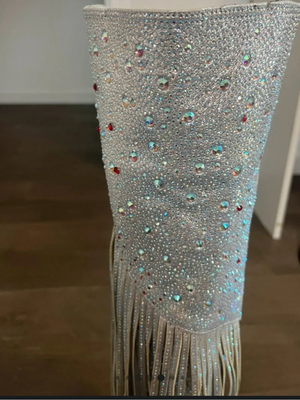Silver Crystal Over-the-Knee Block Heel Boots with Fringe